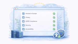 Illustration einer übersichtlichen Benutzeroberfläche im Browser-Stil, die die wichtigsten Kriterien für Lösungen zur Überprüfung europäischer Websites hervorhebt. Ein zentrales Feld listet “Hosted in Europe”, “Privacy”, “GDPR Compliance”, “Security” und “Accessibility” auf, die jeweils mit Statusanzeigen versehen sind. Die Szene enthält subtile Elemente mit EU-Themen, Server, ein Schild und ein Symbol für Barrierefreiheit, alles in einem sanften Blau und im modernen SaaS-Stil, der den Datenschutz und die Einhaltung der Vorschriften betont.