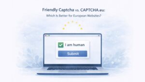 Minimale Illustration eines Laptops mit einer CAPTCHA-Schnittstelle, die ein ‘Ich bin ein Mensch’-Kontrollkästchen und eine Schaltfläche zum Absenden zeigt, umgeben von einem sanften blauen Hintergrund mit dezenten, von der EU inspirierten Sternen, die eine datenschutzfreundliche Überprüfung für europäische Websites darstellen.