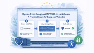 Eine saubere blau-weiße Illustration eines Laptops, die eine dreistufige Migrationsanleitung von Google reCAPTCHA zu captcha.eu zeigt. Der Bildschirm zeigt Felder zum Entfernen des alten CAPTCHA, zum Integrieren von captcha.eu mit einem Codeschnipsel und zum Überprüfen einer erfolgreichen Einrichtung mit einem “Ich bin ein Mensch”-Kontrollkästchen. Dezente EU-Sterne, eine schwache Europakarte und Symbole für Datenschutz, Barrierefreiheit und Sicherheit verstärken das Thema der europäischen Compliance.